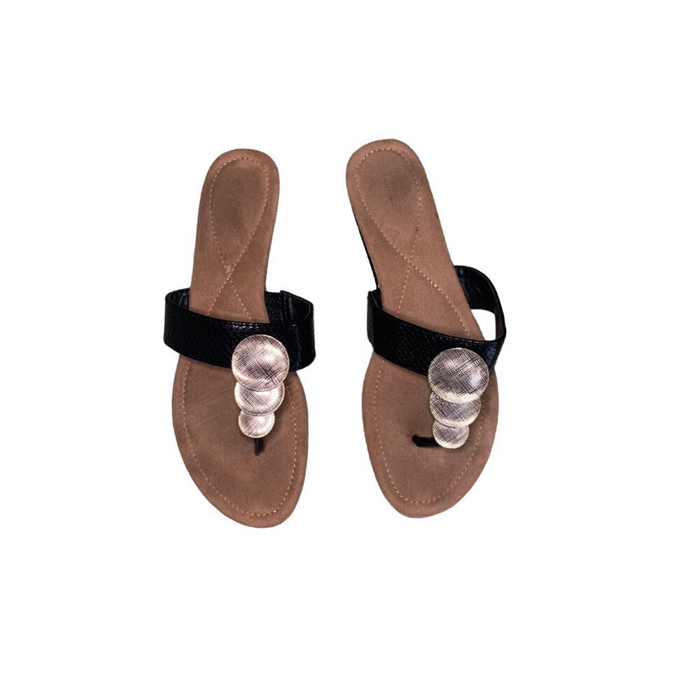 ALFANI Fleurr Black & Gold Thong Wedge Heel Sandals, Women size‎ 8.5
